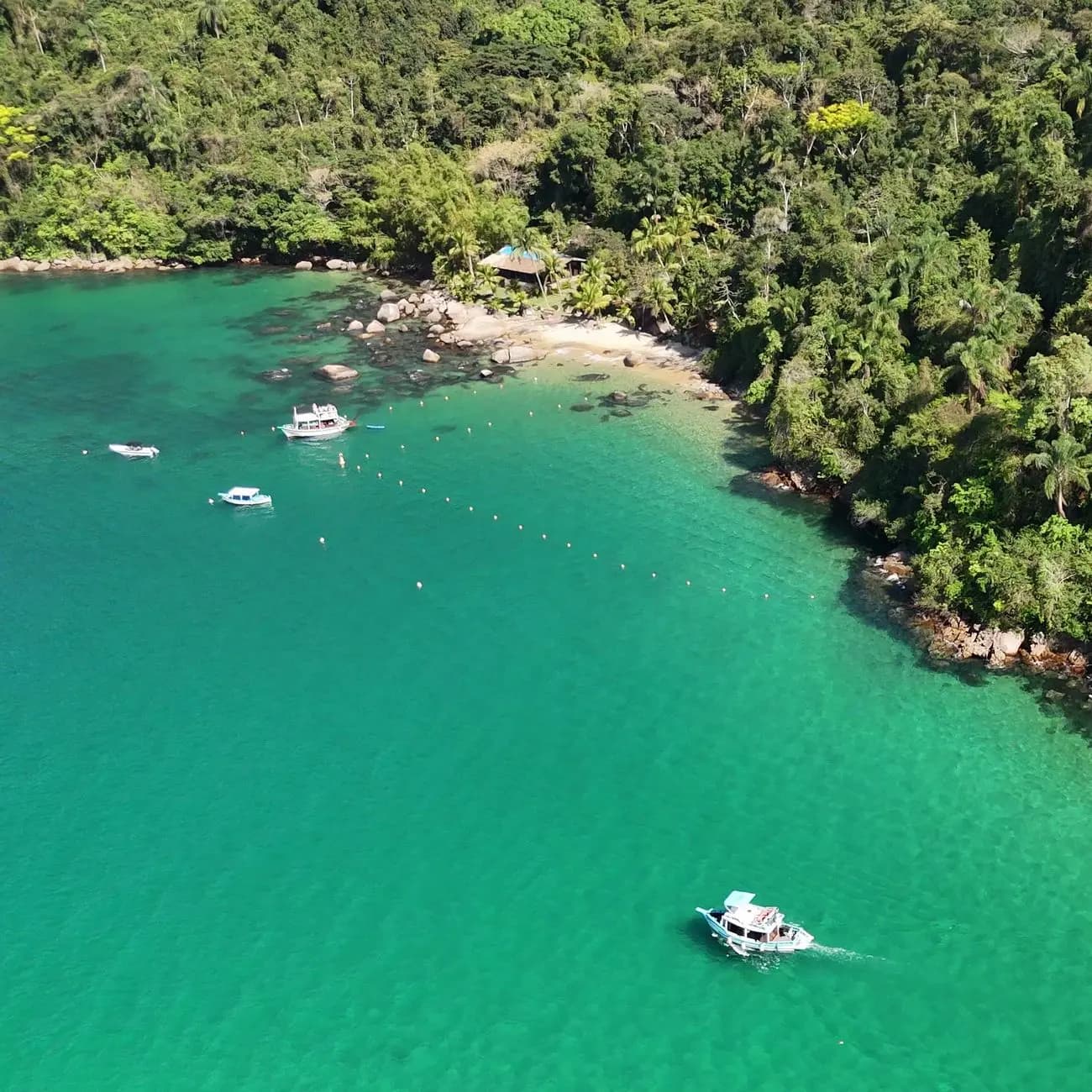 Vista aérea de uma enseada com praia, mata fechada e barcos ancorados